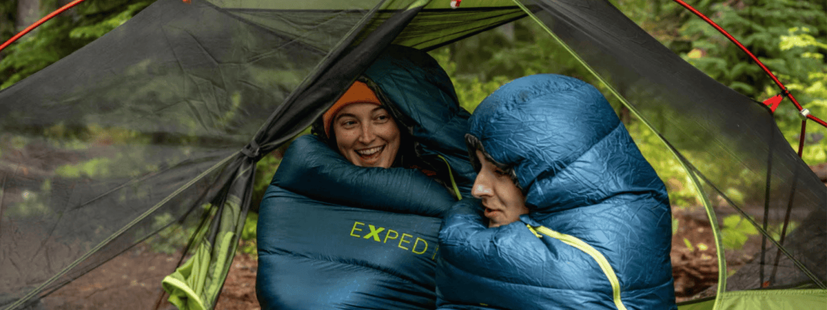 Exped sleeping bag and tent with tyvek ground sheet