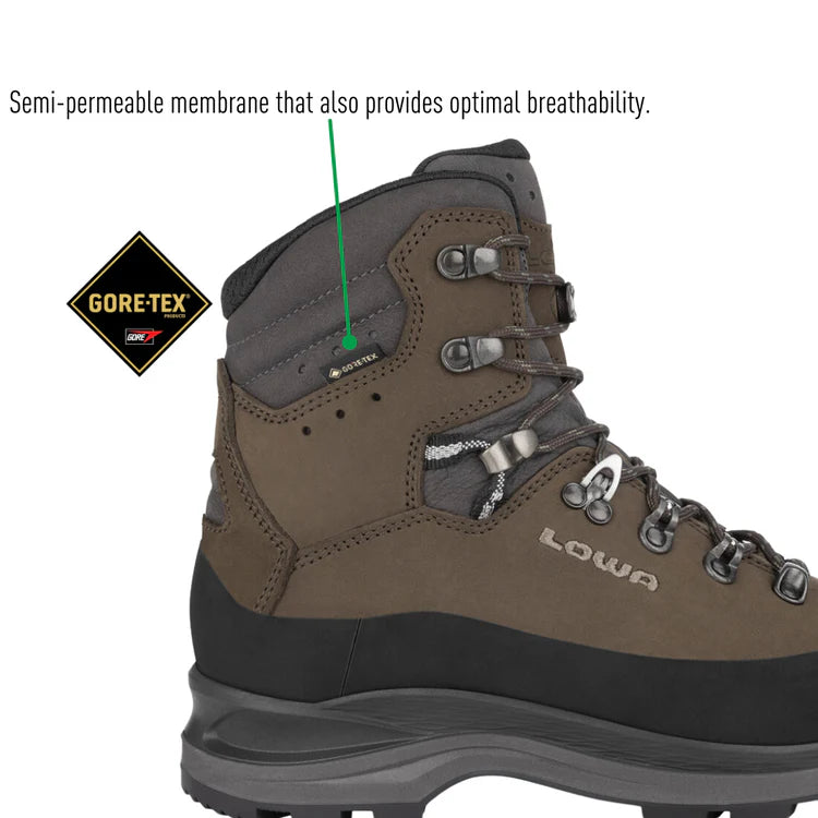 Brown hiking boot with GORE-TEX membrane label on a white background