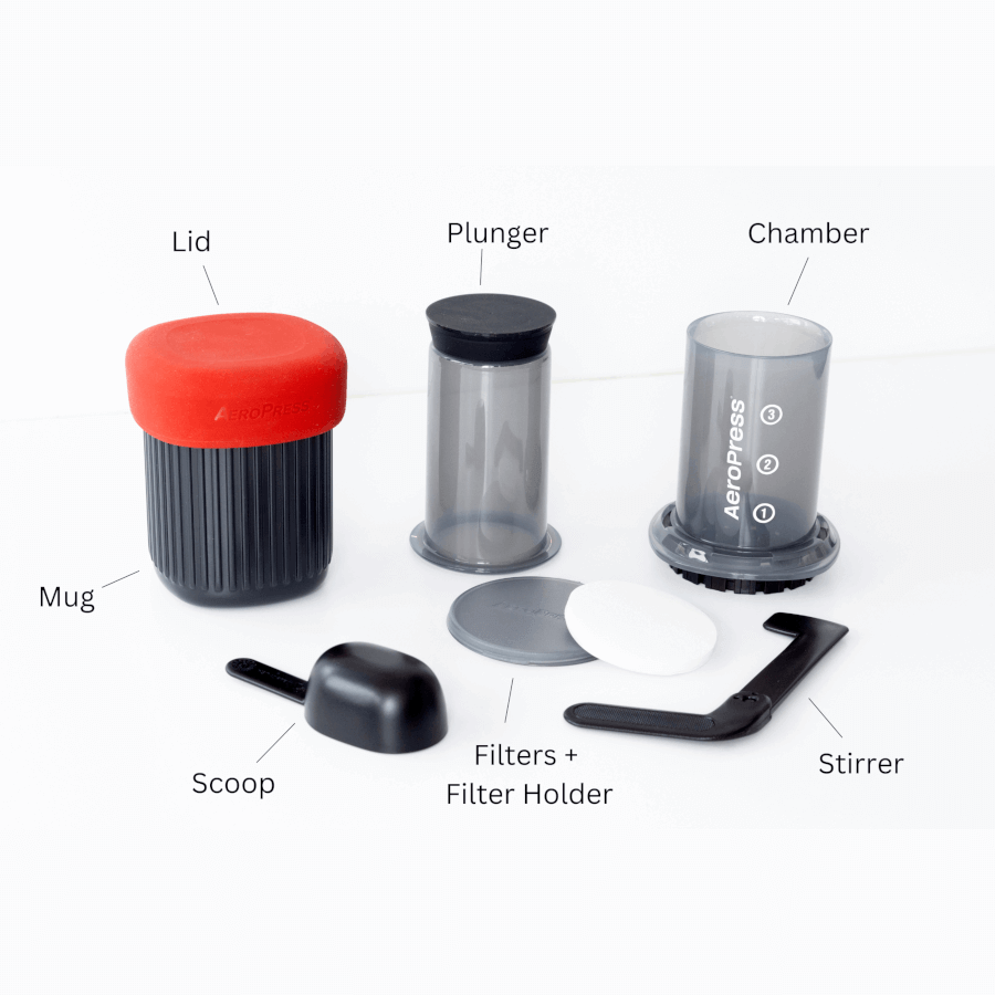 The aeropress go kit containing the mug and lid, plunger, chamber, scoopr, filter holder and stirrer.
