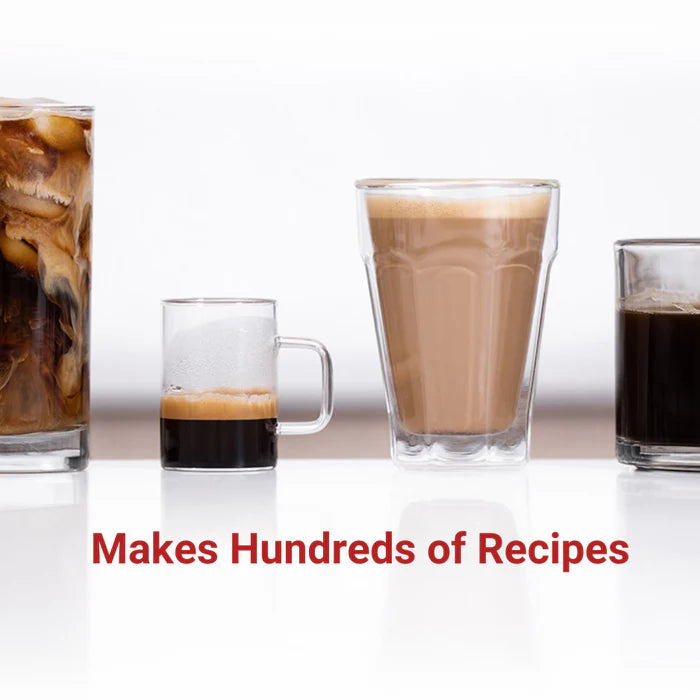 Four glasses of different coffee beverages on a white background with text 'Makes Hundreds of Recipes'.