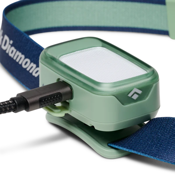 Green headlamp with blue strap on a white background