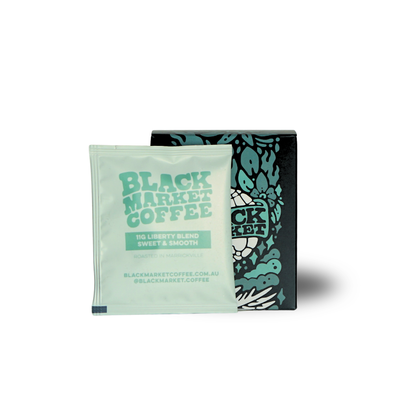 Black Market coffee drip ags in packaging with liberty blend branding
