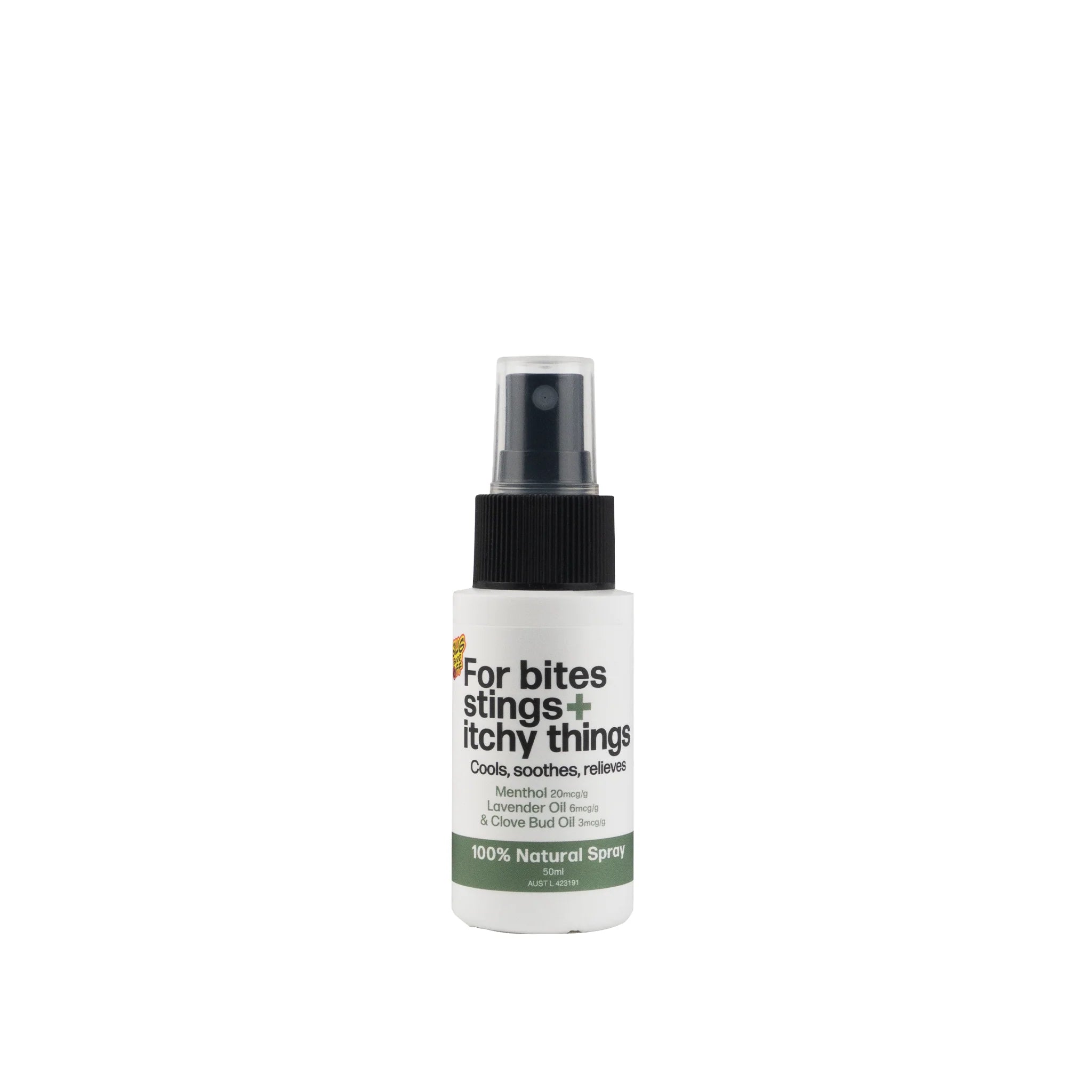 A spray bottle labeled 'Bug Grrr Off for Bites, Stings and Itchy Things', indicating it is a natural insect repellent spray.
