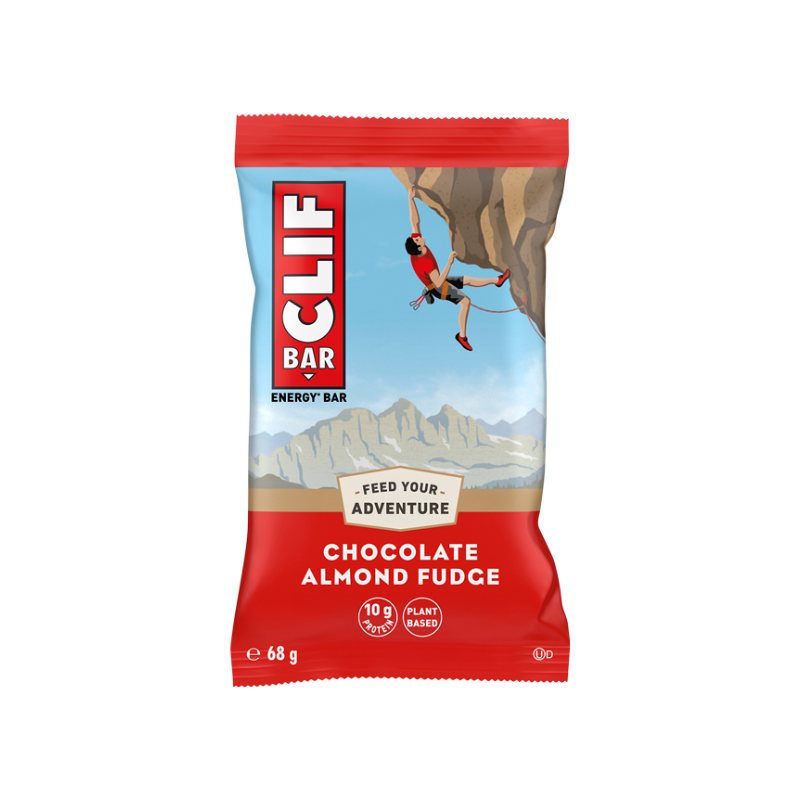 Chocolate Almond Fudge Clif Bar on a white background