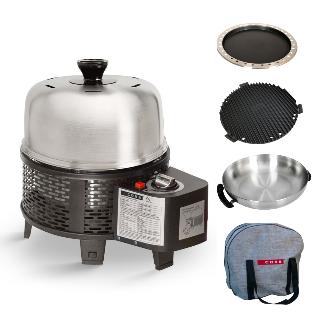 Cobb Grill black combo with wok fry pan and griddle on white background
