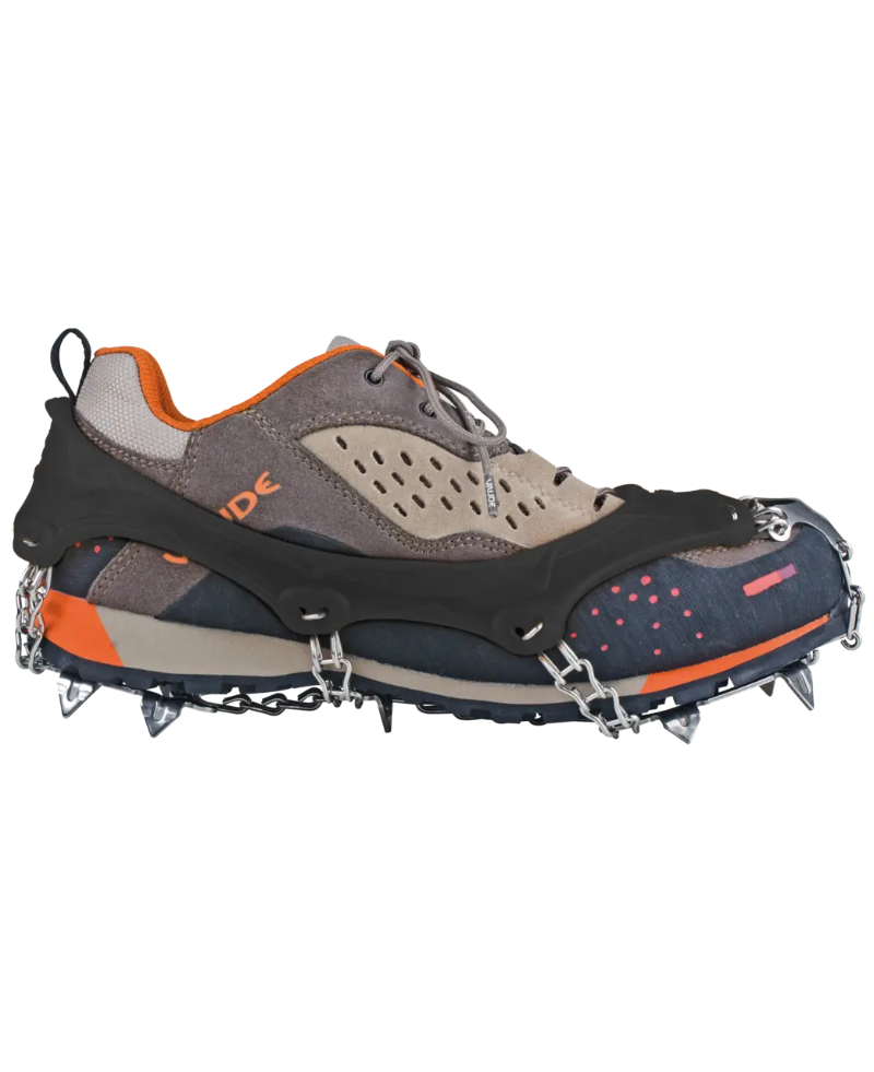 Hiking shoe with crampon attachments on a white background