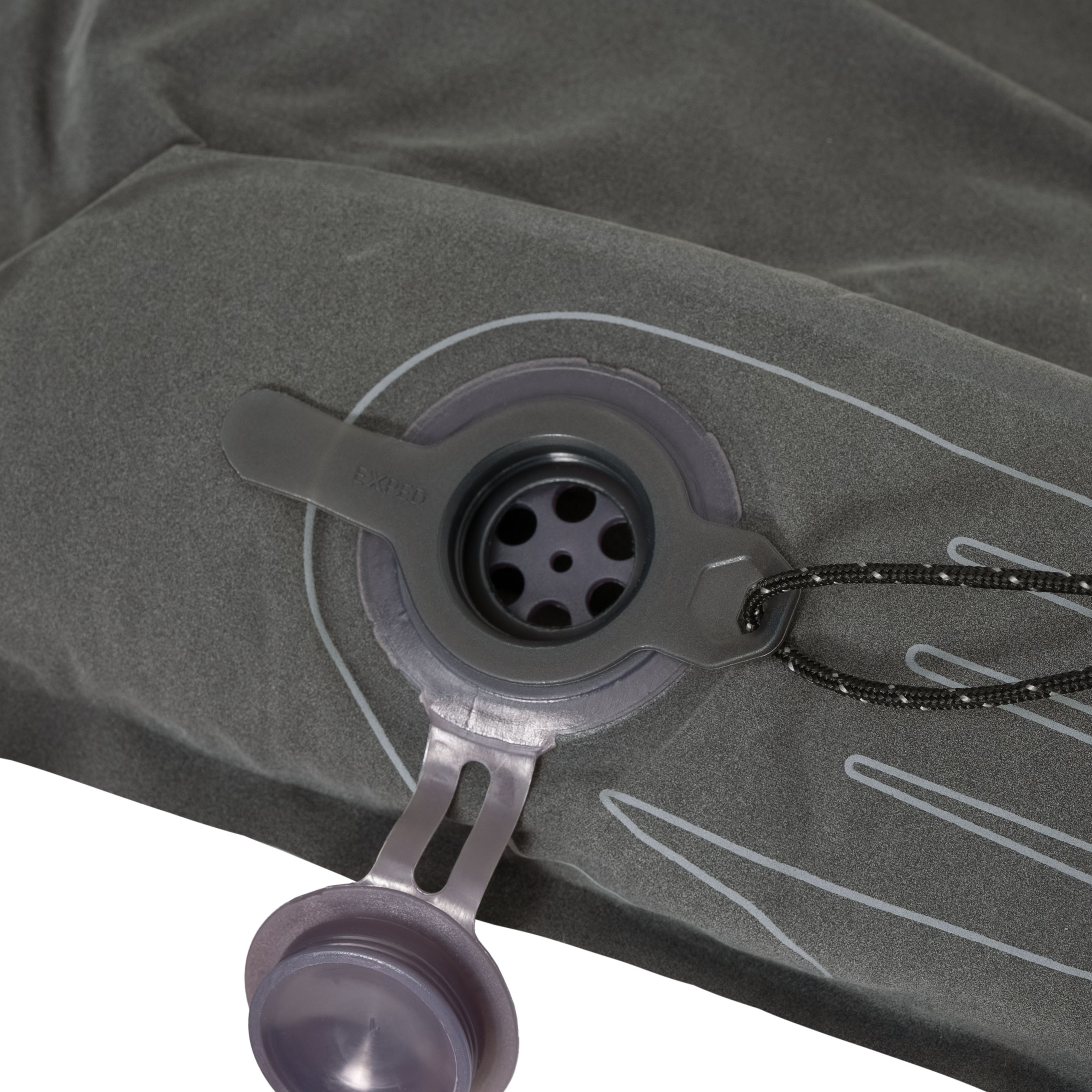 Close-up of an inflatable mat valve and valve handle