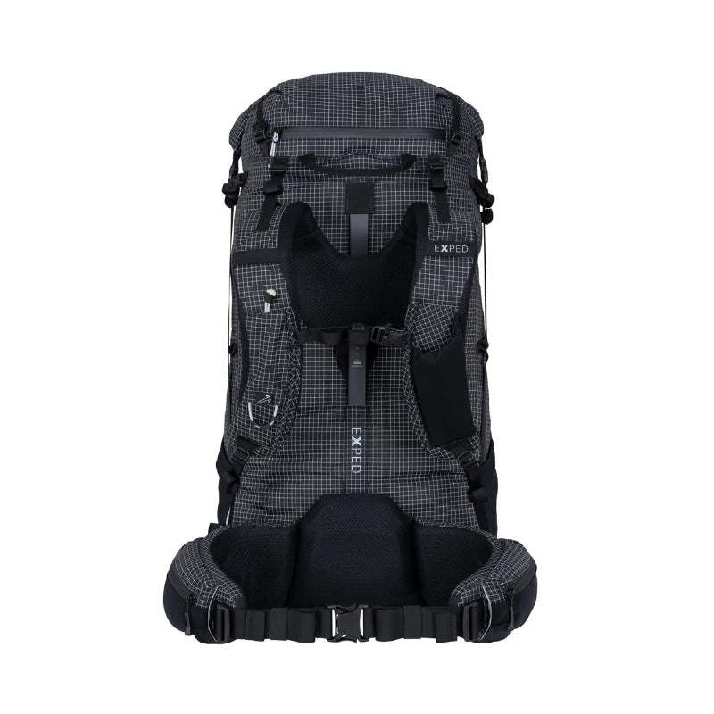 Black hiking backpack with grid pattern on a white background