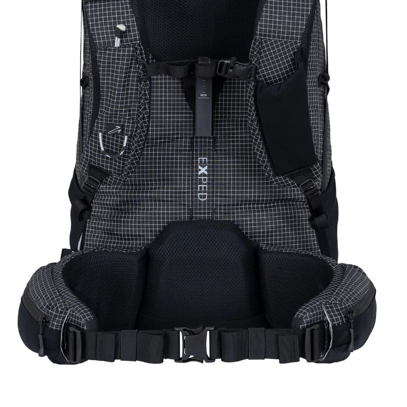 Backpack with black interior and EXPED brand name on a white background