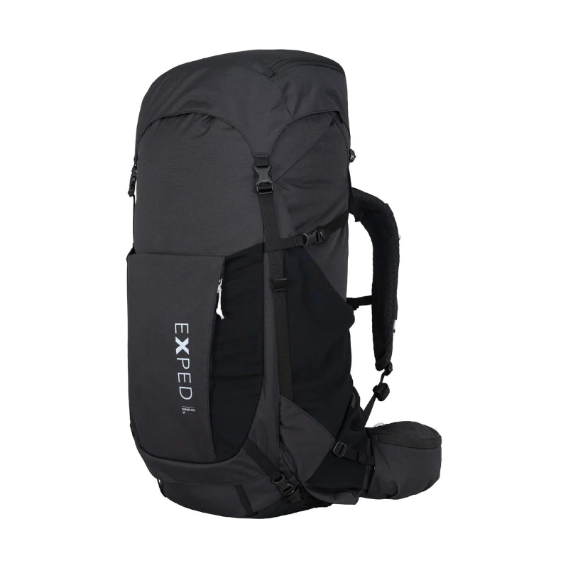Black backpack with 'Exped' branding on a white background
