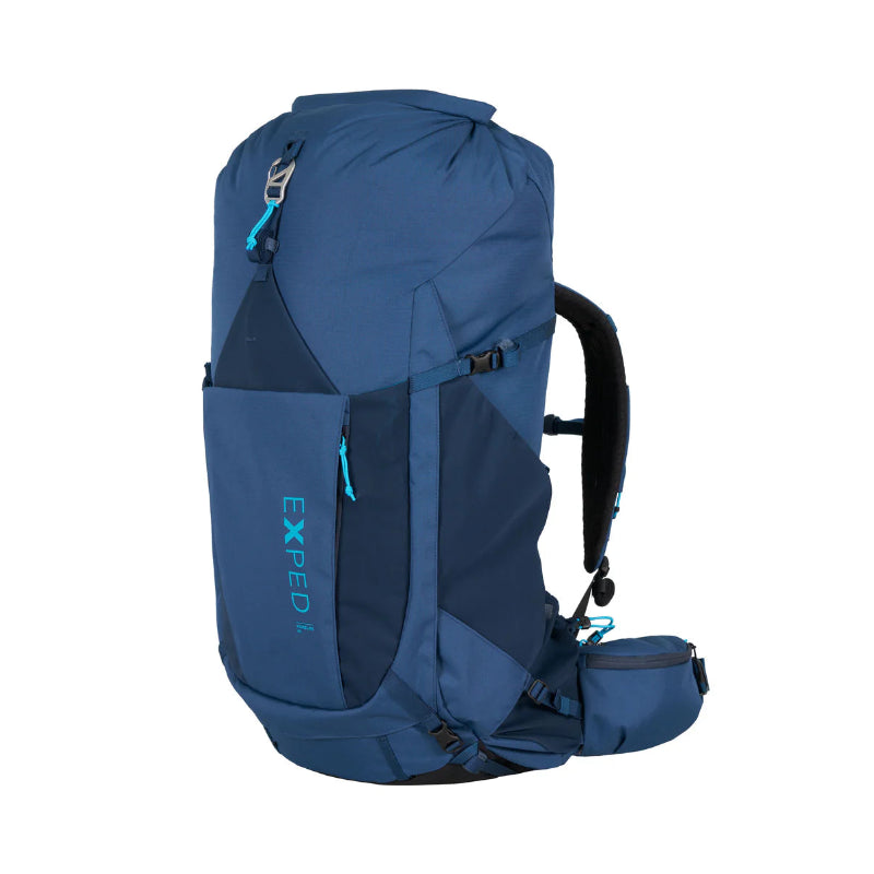 Blue backpack with 'Exped' branding on a white background