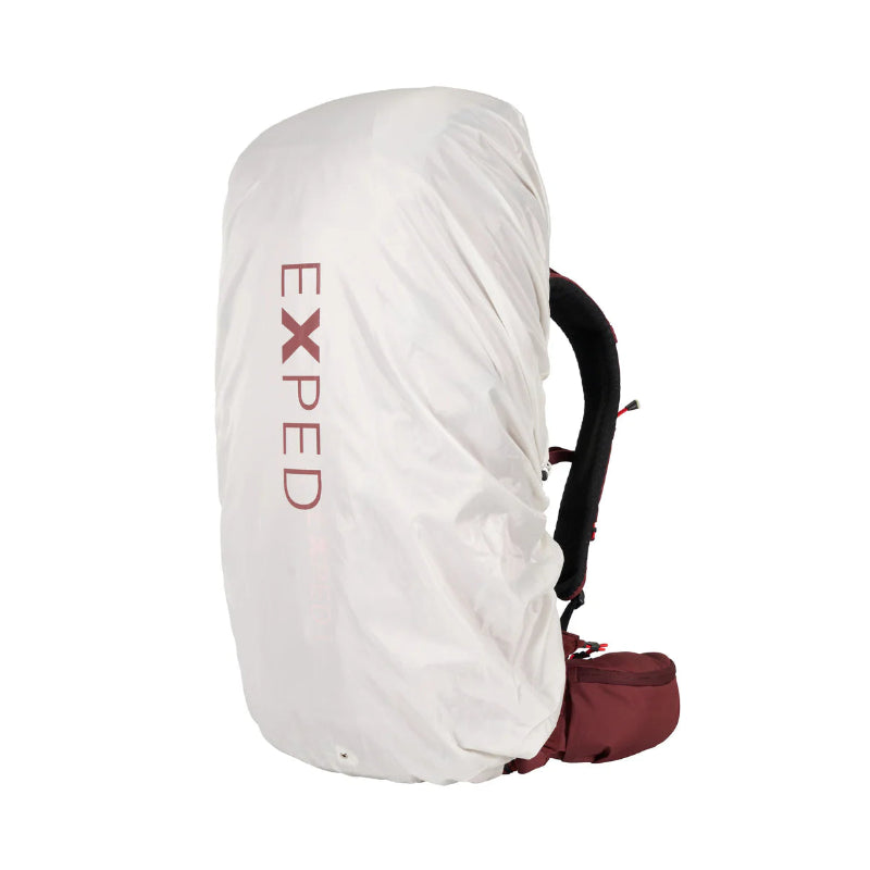 White backpack cover with 'Exped' branding on a white background