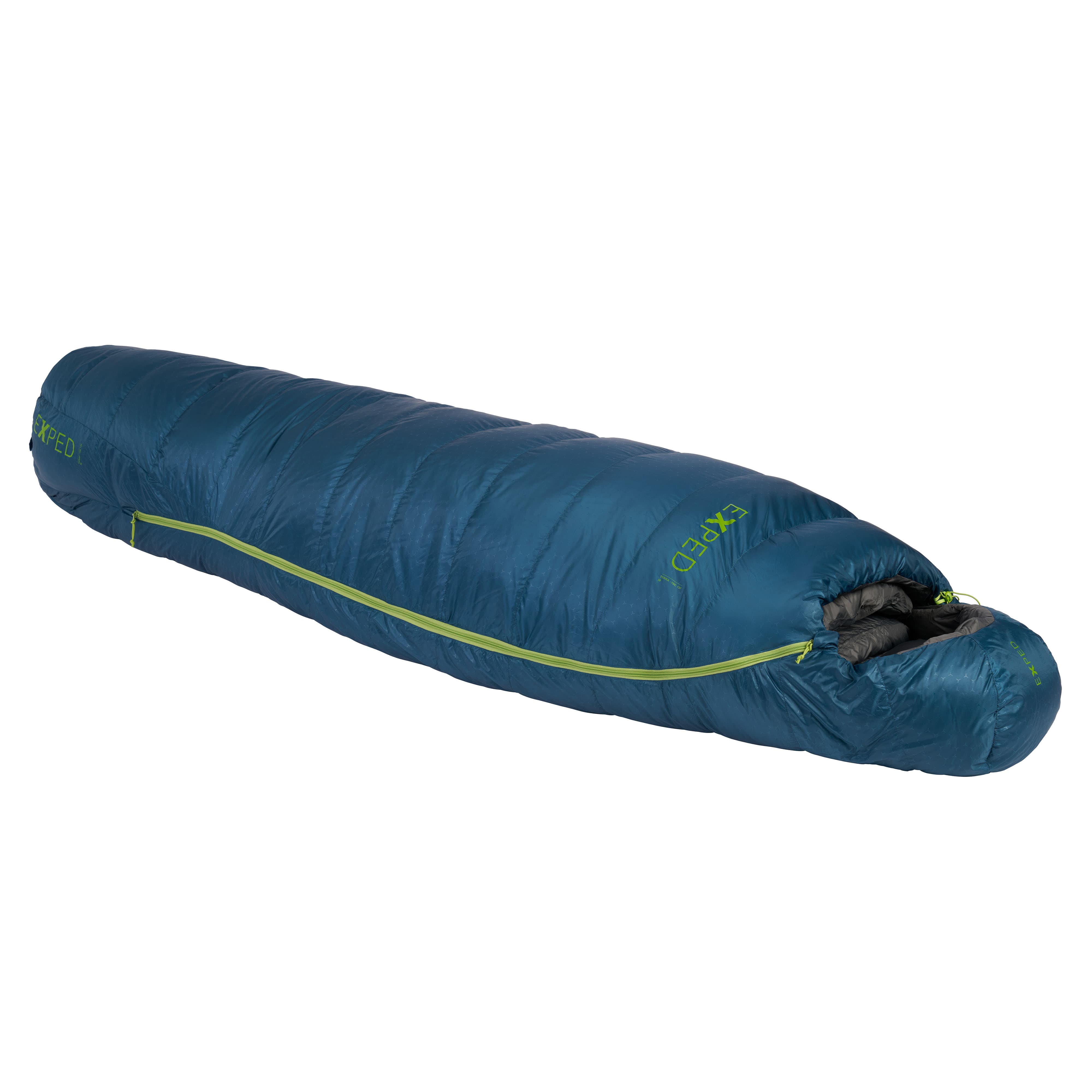 Blue sleeping bag camping with green zipper on a white background