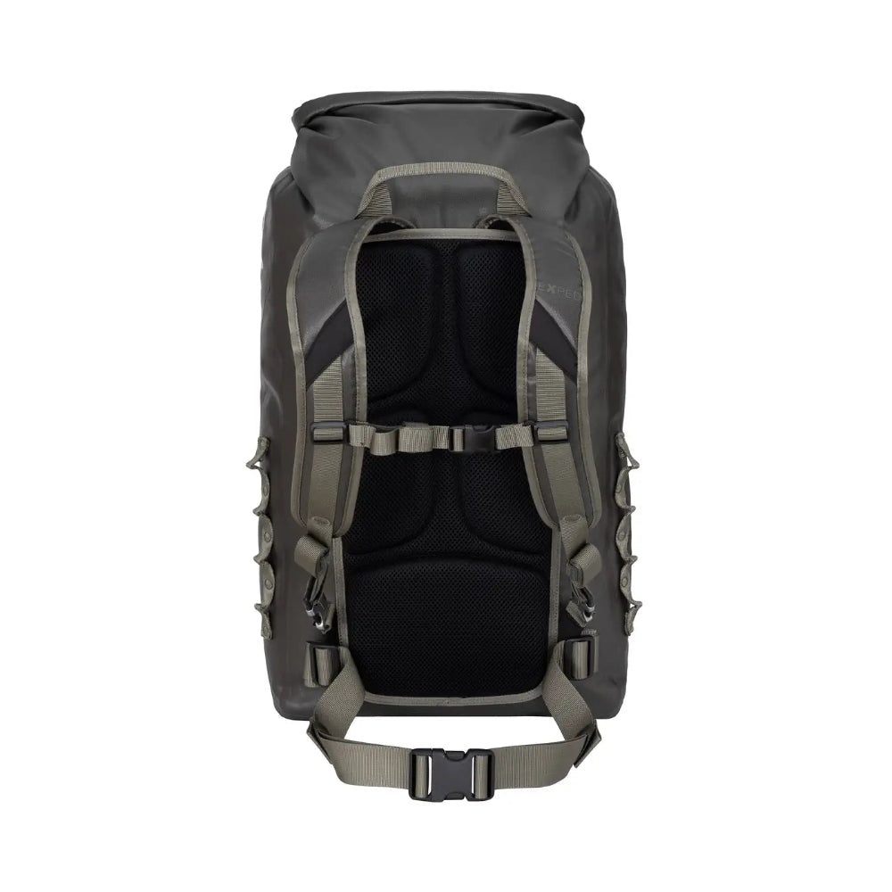 Gray backpack with black interior on a white background