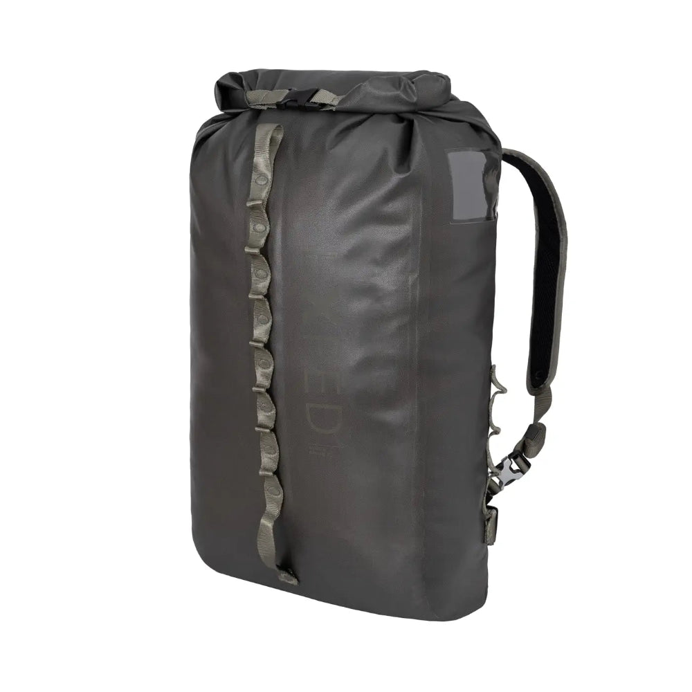 Black backpack with visible branding on a white background