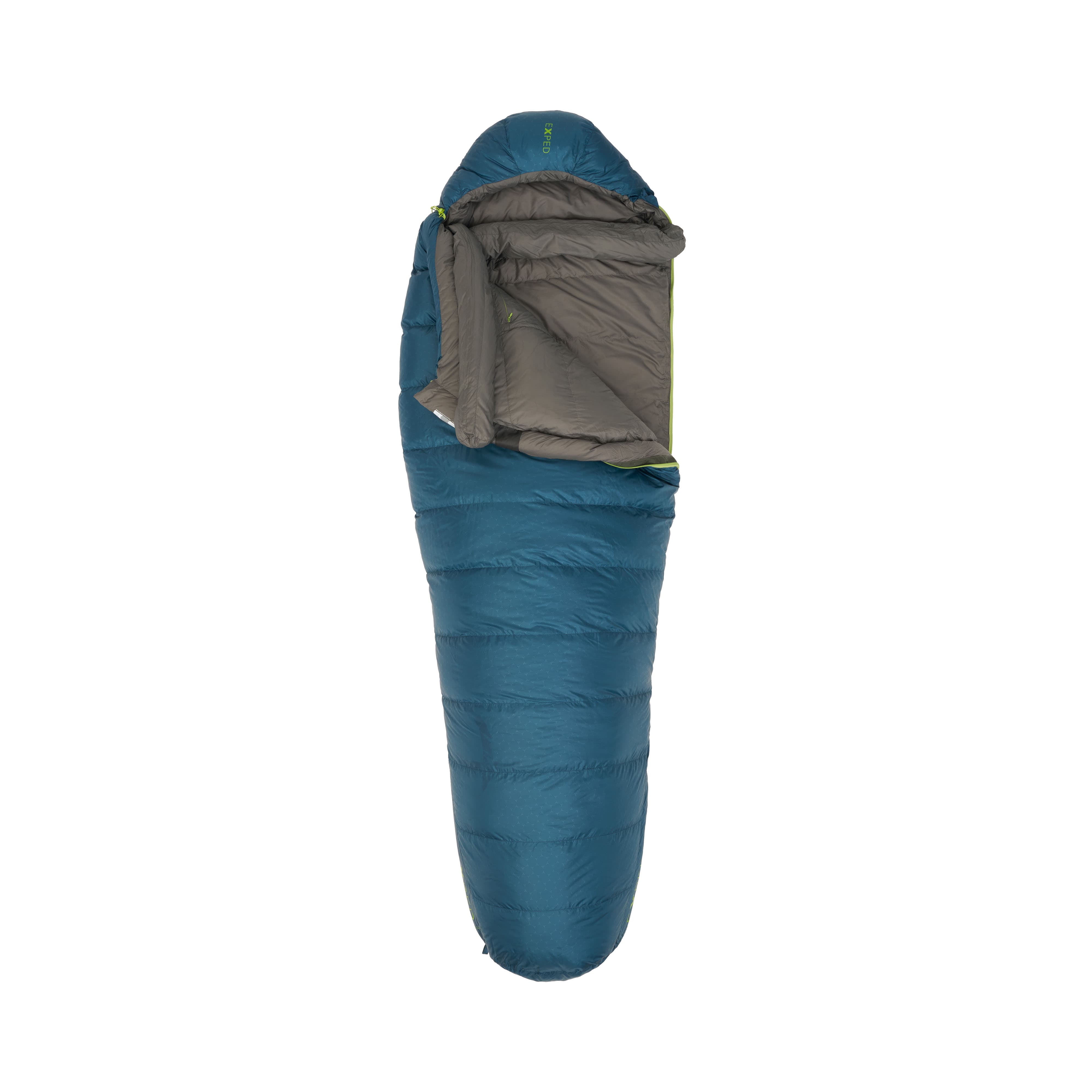 Blue and gray sleeping bag on a white background