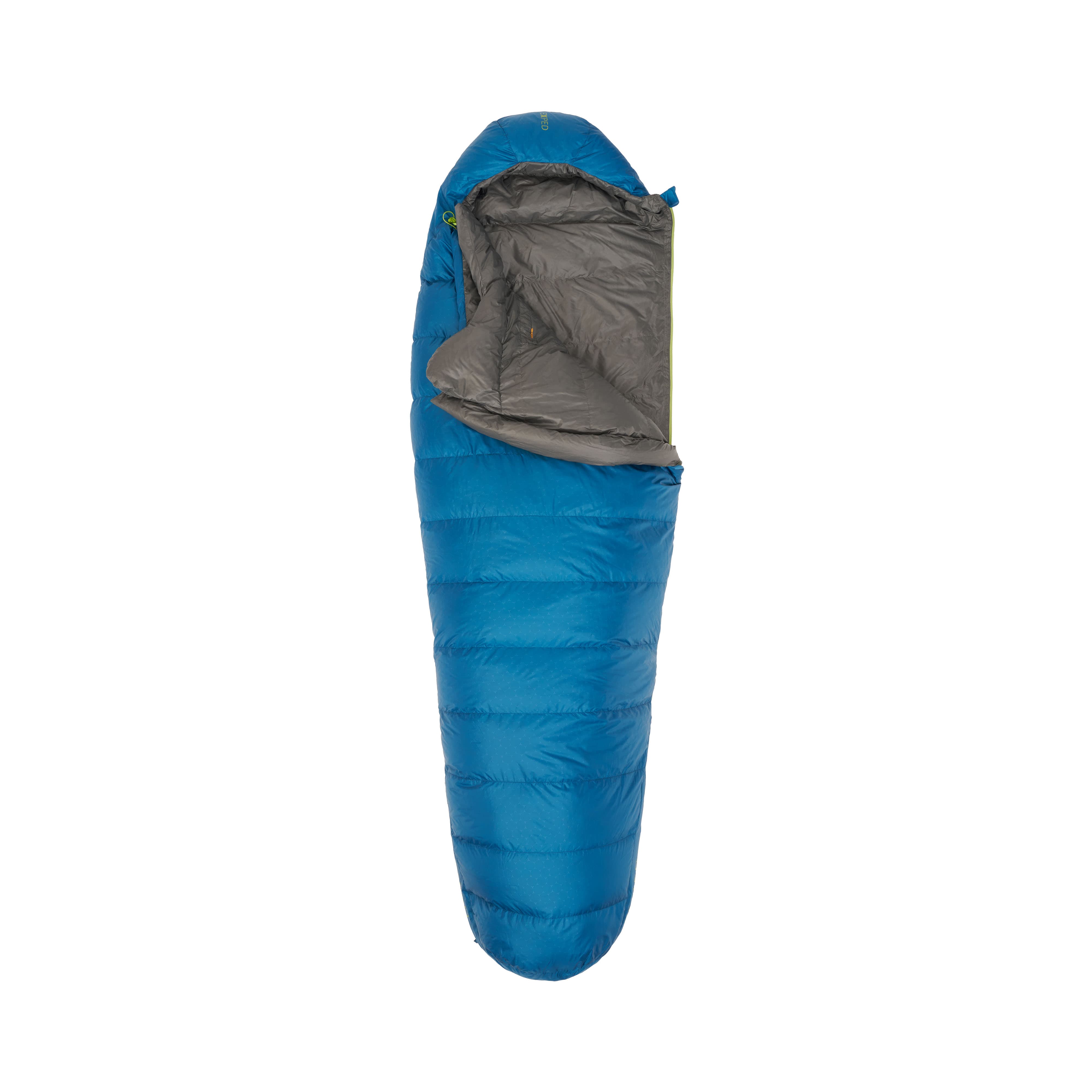 Blue sleeping bag with gray interior on a white background
