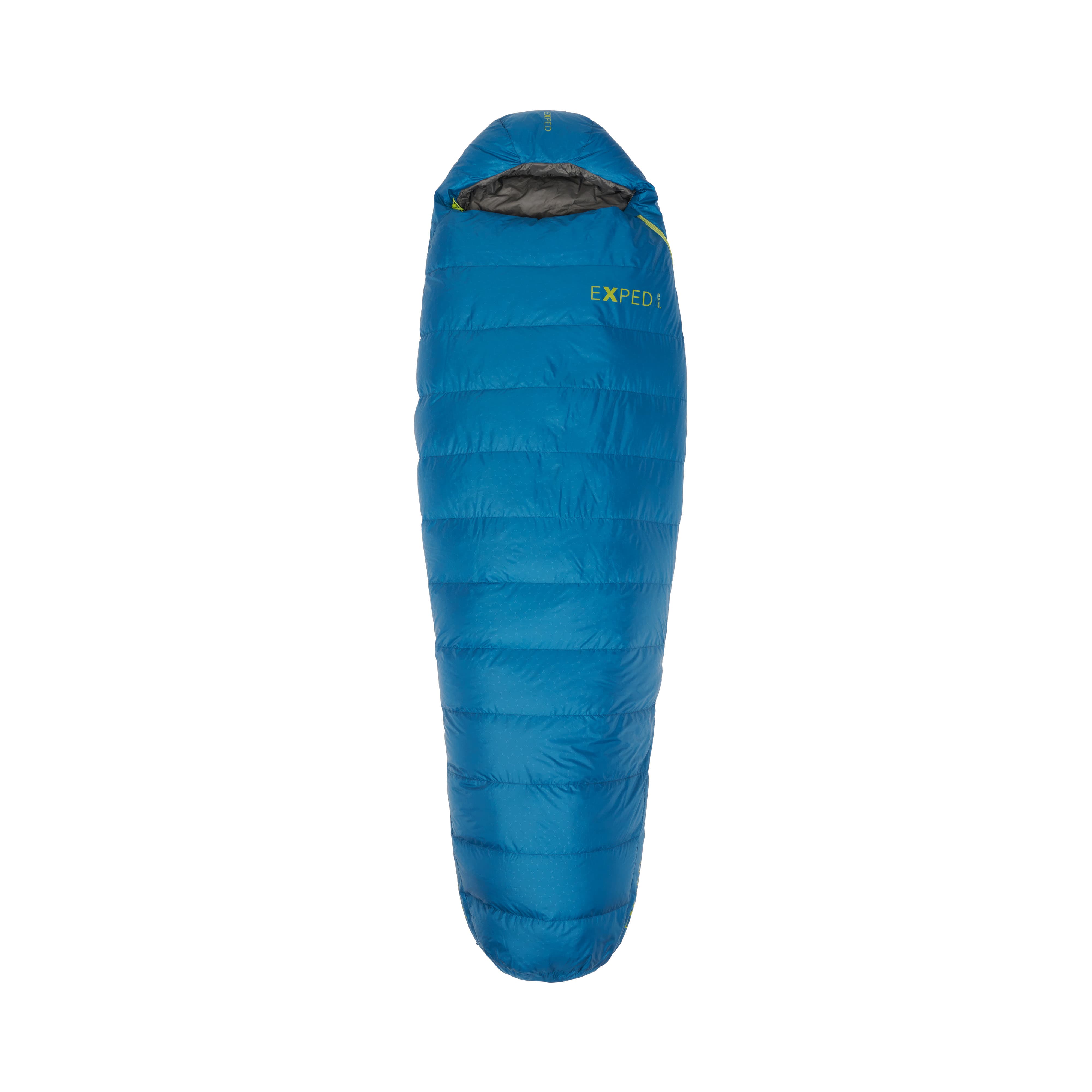 Blue sleeping bag with 'Exped' branding on a white background