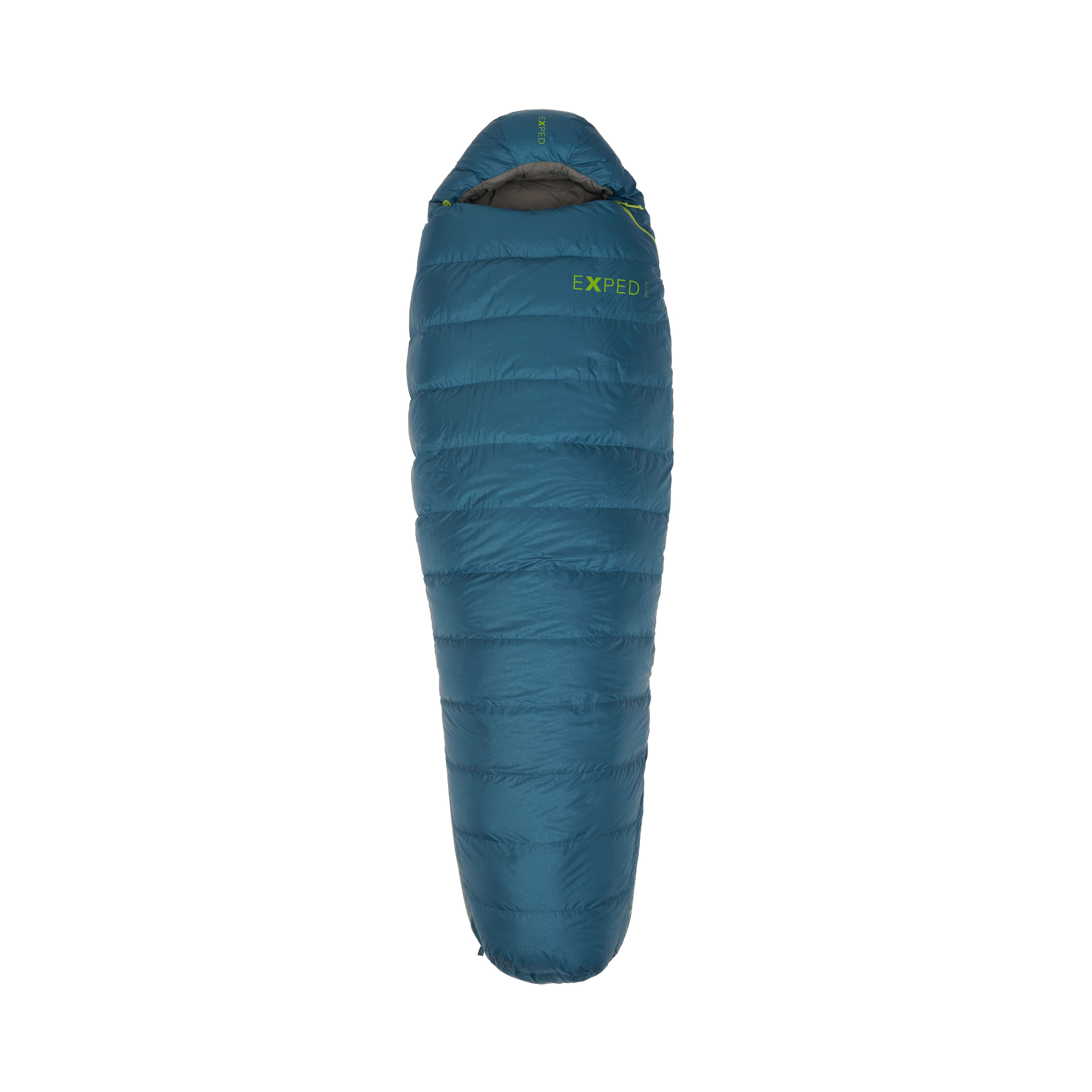 Blue sleeping bag with Exped logo on a white background