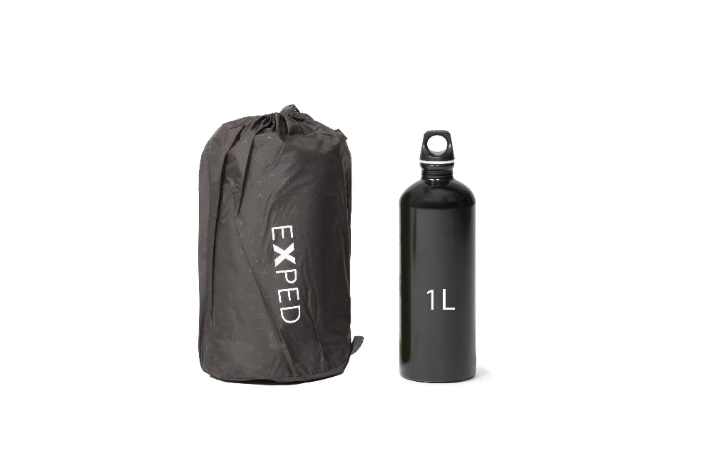 Exped sleeping mat rolled up cpmpared to a 1 litre water bottle