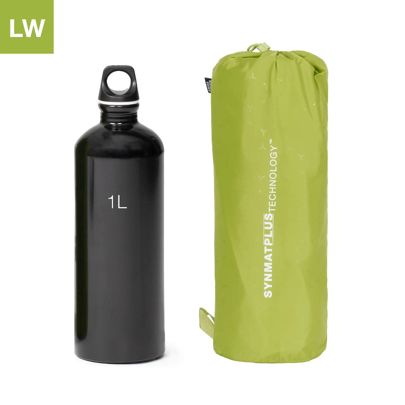Black water bottle labeled '1L' next to a green compression sack with 'SYMMATPLUS TECHNOLOGY' branding on a white background.