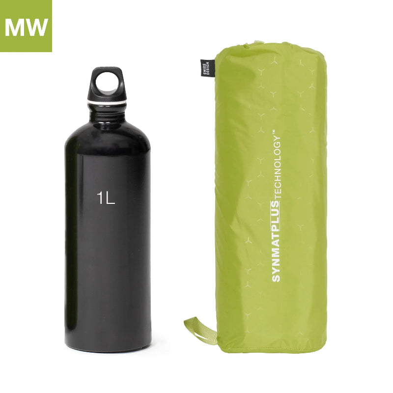 Black water bottle with a capacity of 1 liter and a green carrying pouch on a white background.