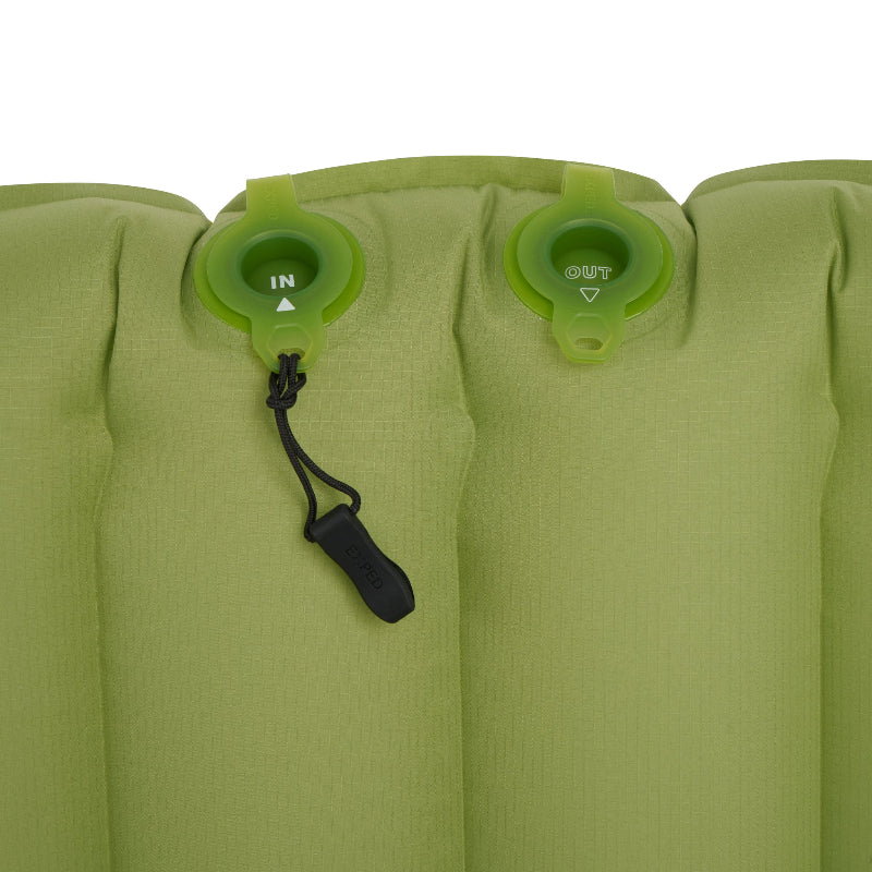 Green inflatable mattress with valve controls on a white background