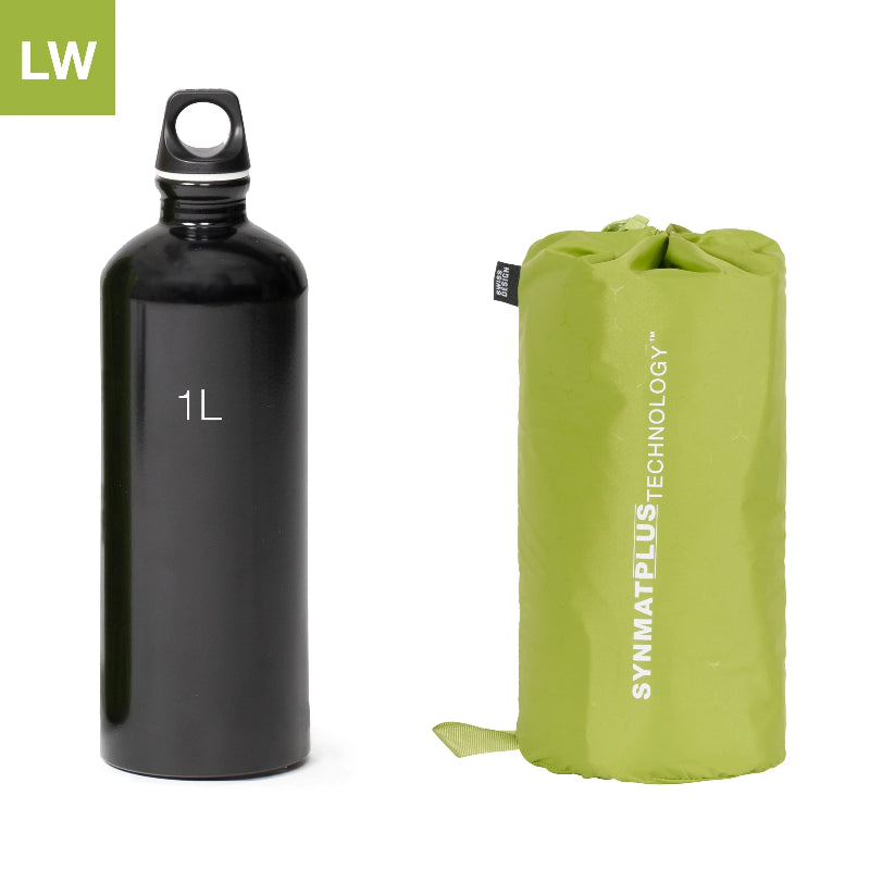 Black water bottle labeled '1L' next to a green compression sack with 'SYNMATPLUS TECHNOLOGY' branding on a white background.