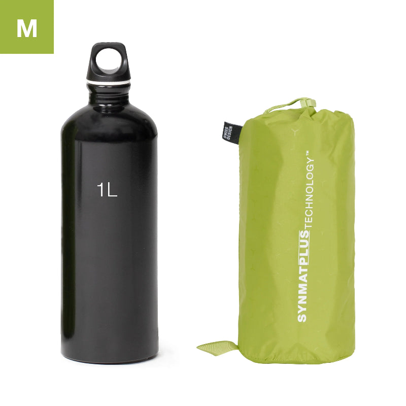 Black water bottle with a 1L capacity and green carrying pouch on a white background