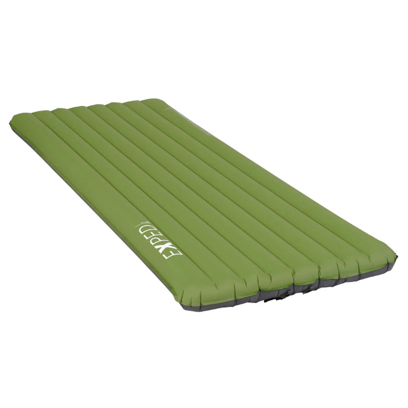 Green inflatable camping mat with 'Exped' branding on a white background