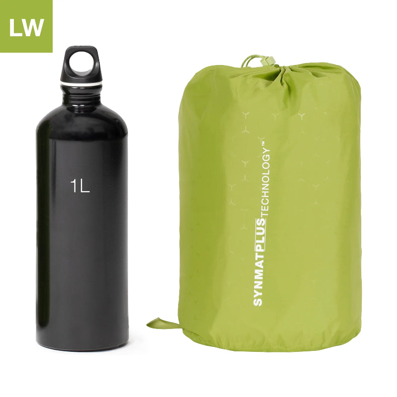 Black water bottle labeled '1L' next to a green compression sack with 'SYNMATPLUS TECHNOLOGY' branding on a white background.
