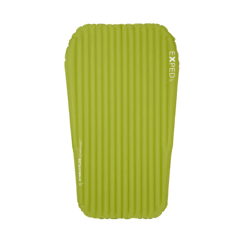 Green inflatable sleeping pad with 'Exped' branding on a white background