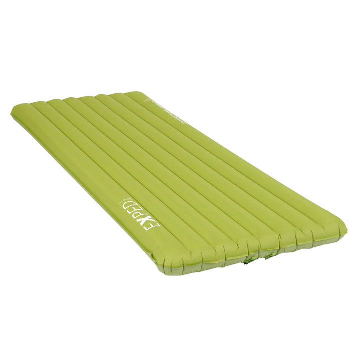 Green inflatable camping mattress on a white background