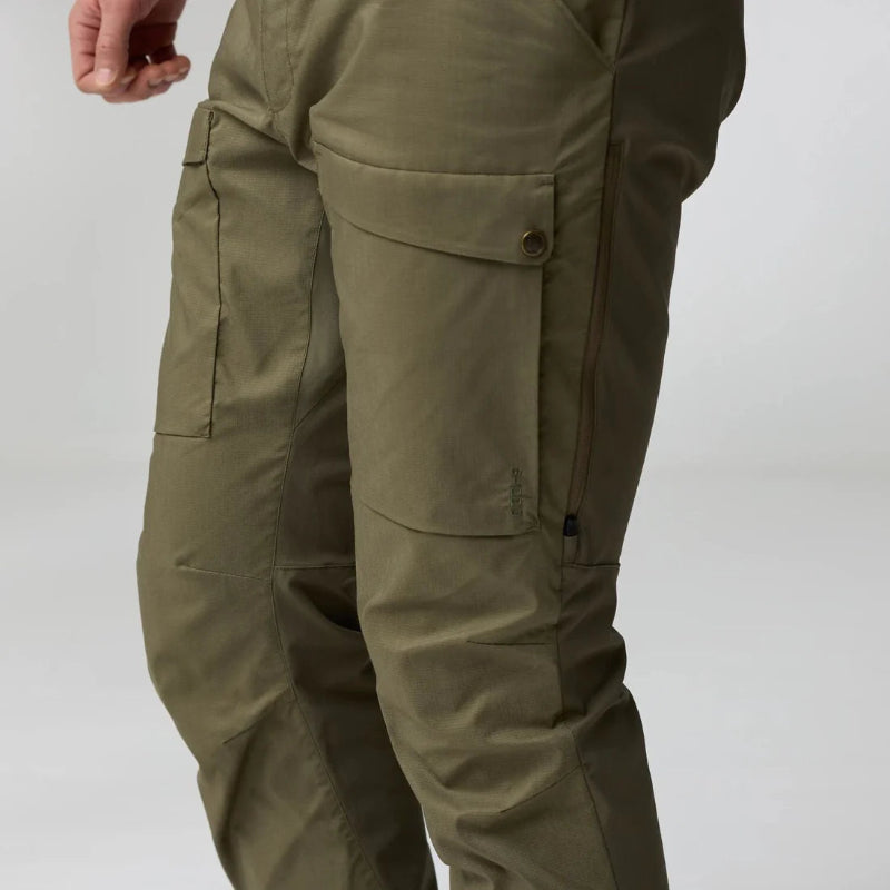 Khaki pants with multiple pockets on a white background
