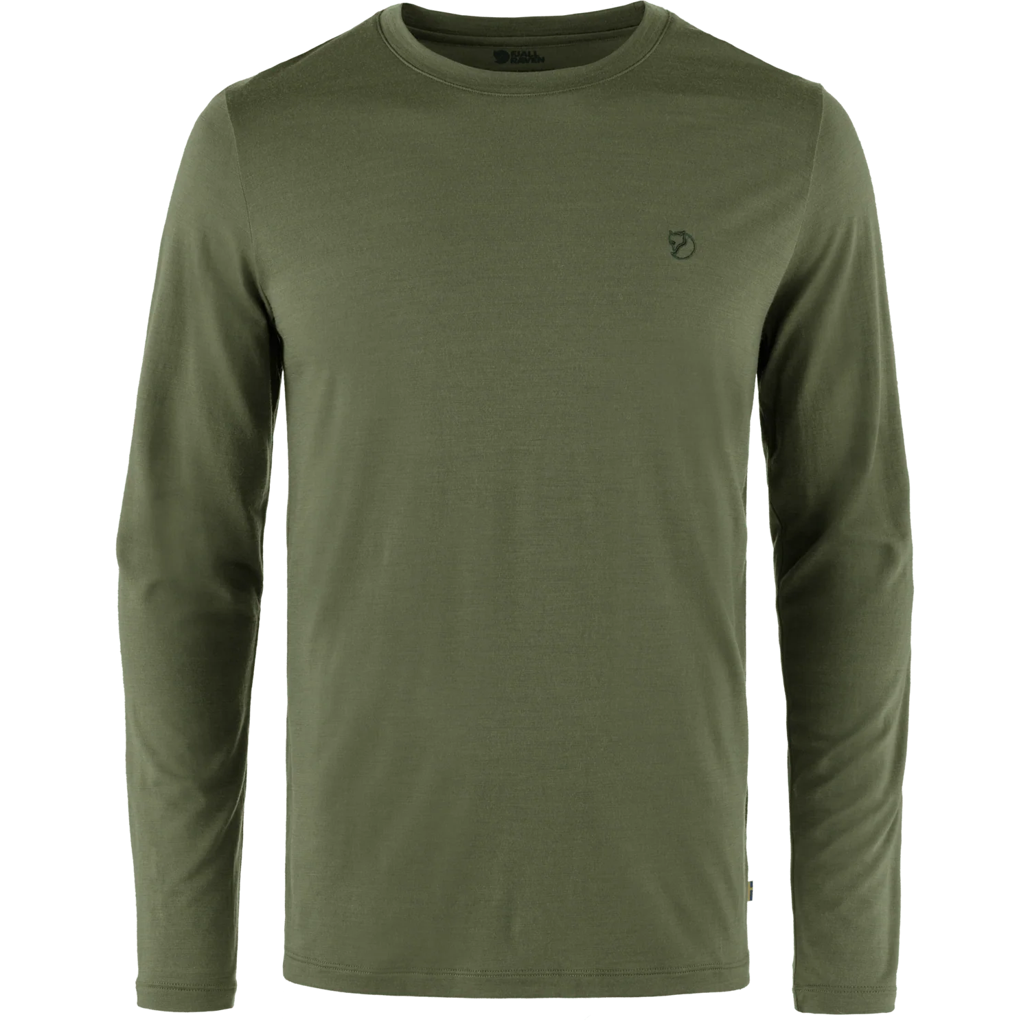 Green long-sleeve shirt with a small logo on a white background