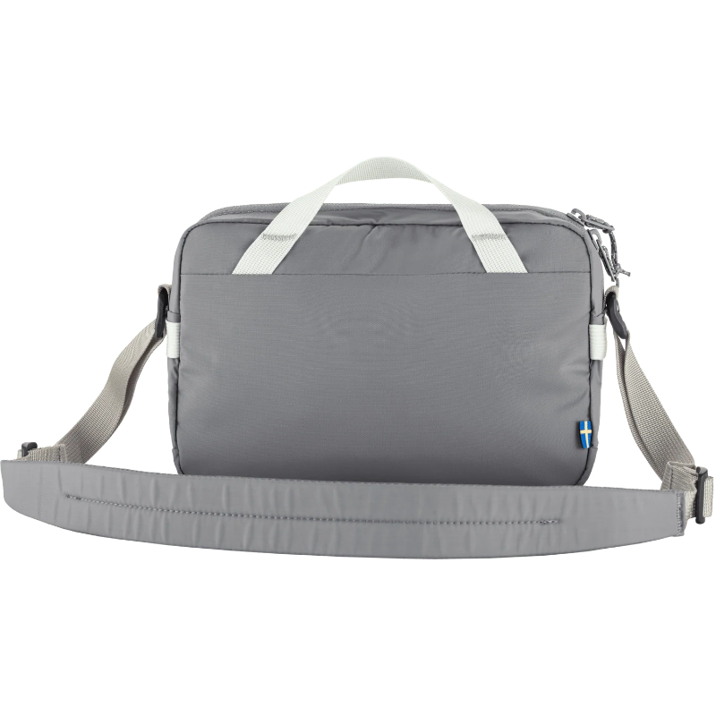 Gray shoulder bag with a white strap on a white background