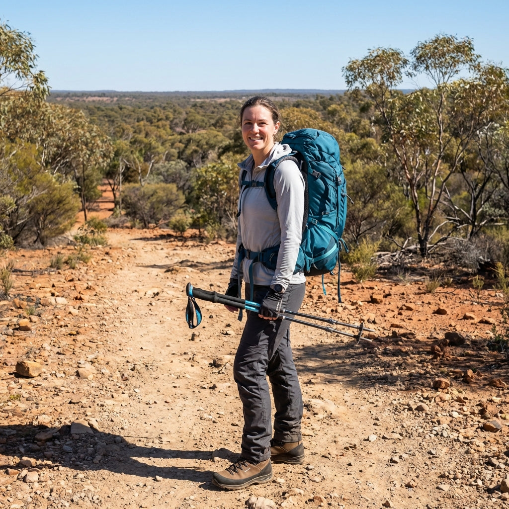 Woman hiking in Australian bush with a blue Osprey backpack and Helinox Hiking Poles.