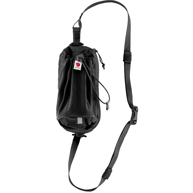 A black Fjallraven Abisko Bottle Pocket with a detachable strap and a zippered compartment, designed to attach to a backpack.