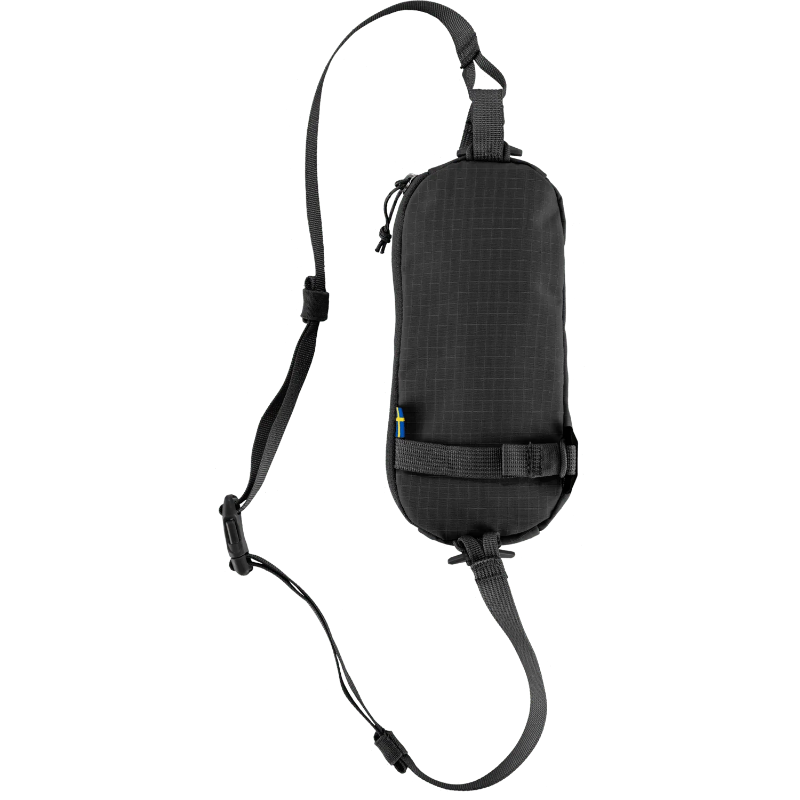 Black sling bag with a strap on a white background