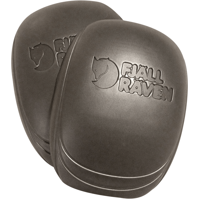 Pair of gray knee pads with Fjällräven logo on a white background