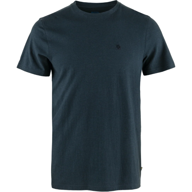 Navy blue t-shirt with a small logo on a white background