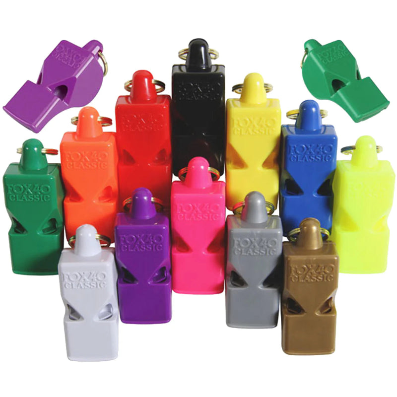 Fox 40 pealess whistles in assorted colours on awhite background