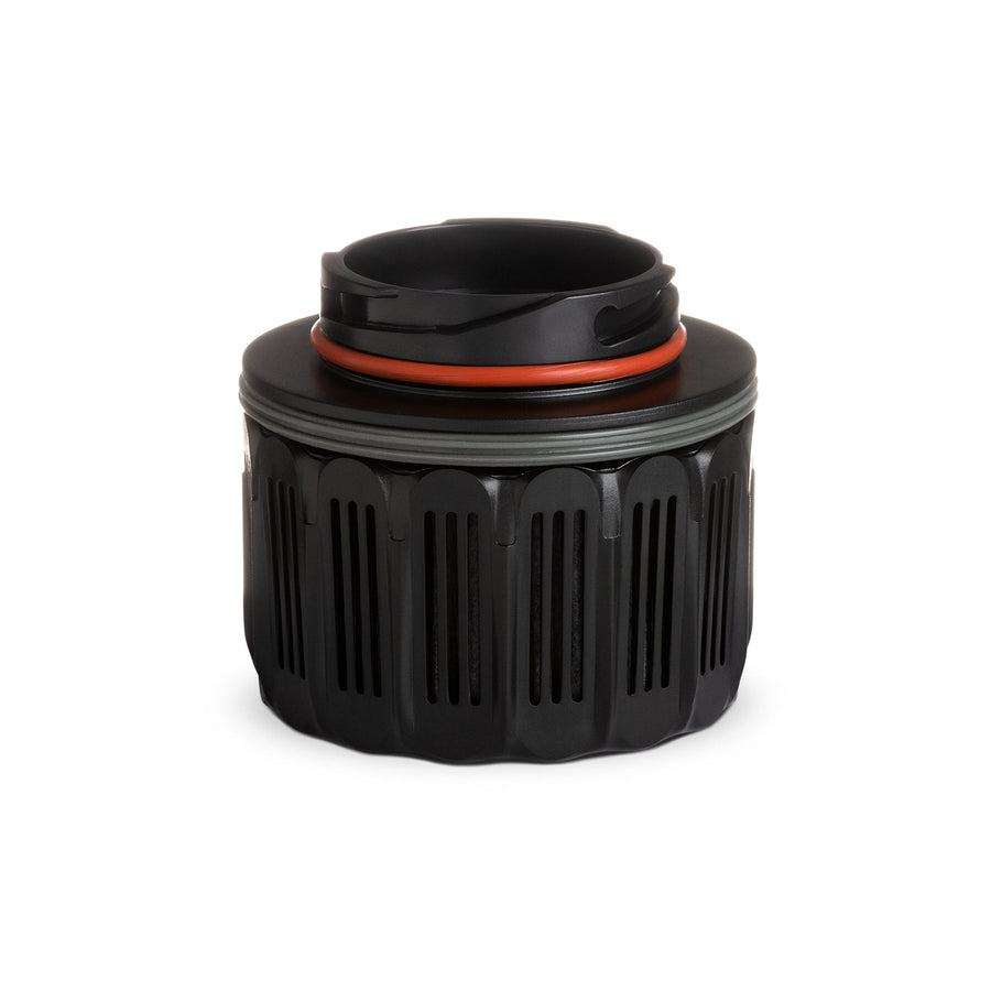 Black cylindrical container with a lid on a white background