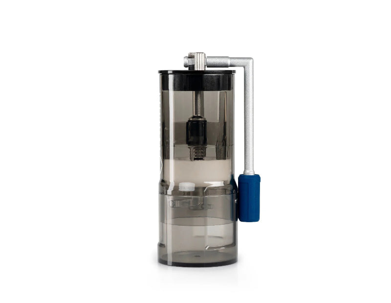 Hand coffee grinder with a blue handle on a white background