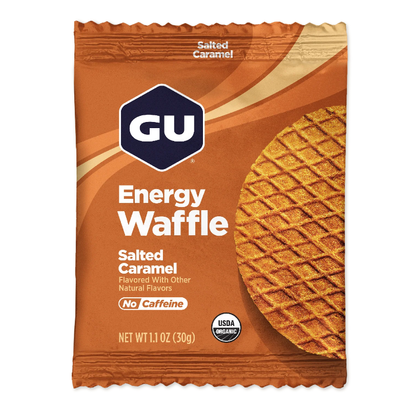 GU Salted Caramel Energy Waffle packaging on a white background