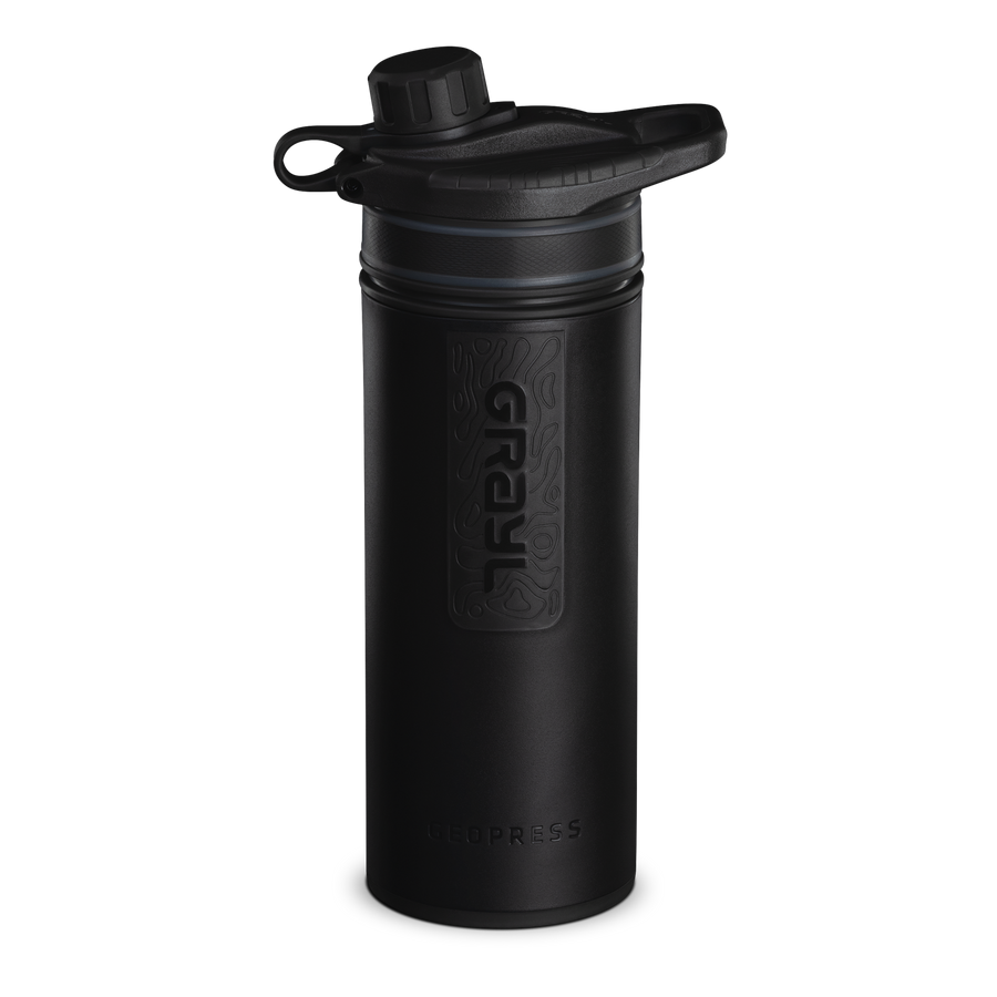 Black water purifier bottle with cap on a white background
