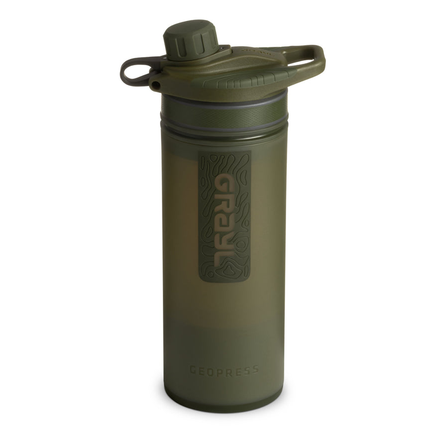 Green water bottle with filter and a cap on a white background