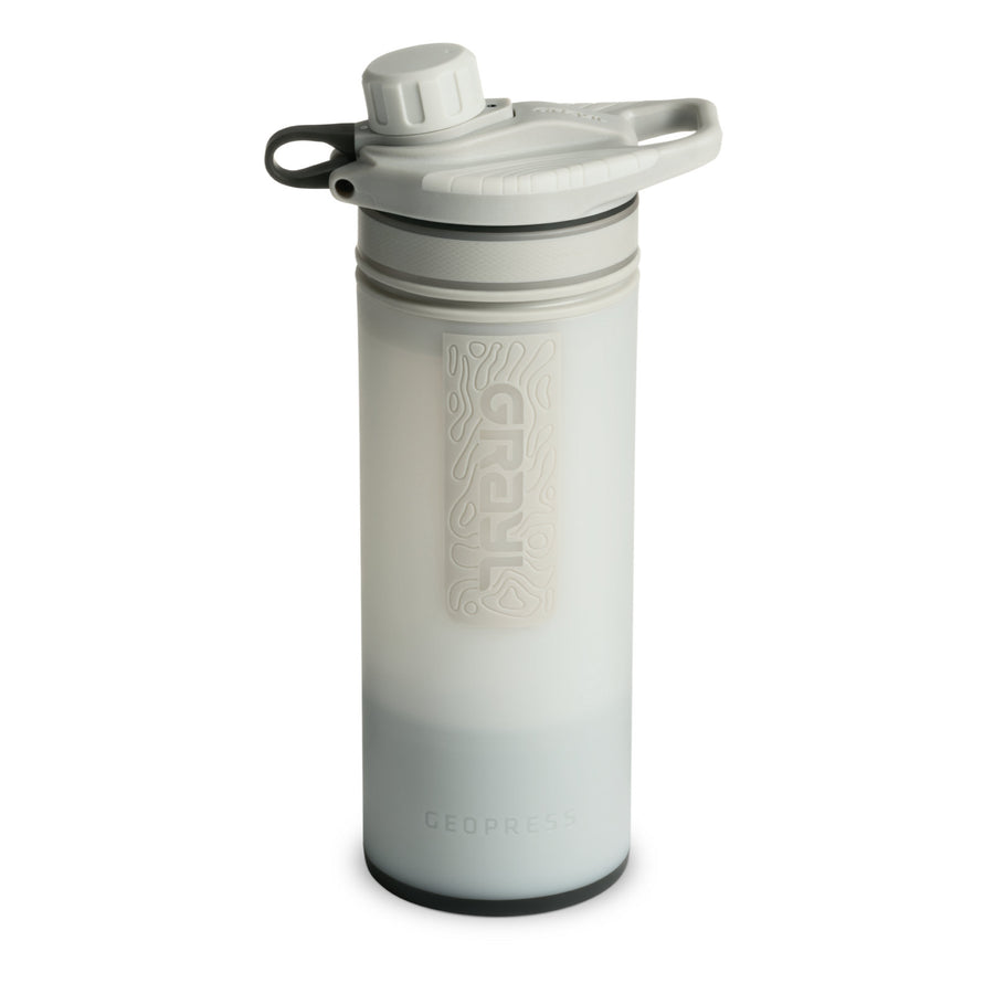 White water bottle purifier with a lid on a white background
