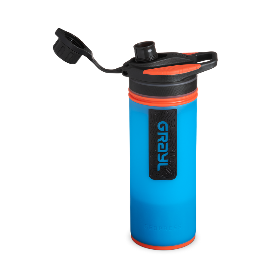 Blue water bottle with black and orange accents on a white background