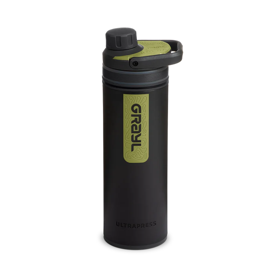 Black water bottle with green label on a white background